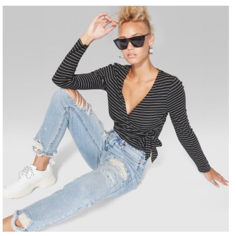 Striped Long Sleeve Tie Front Wrap Top